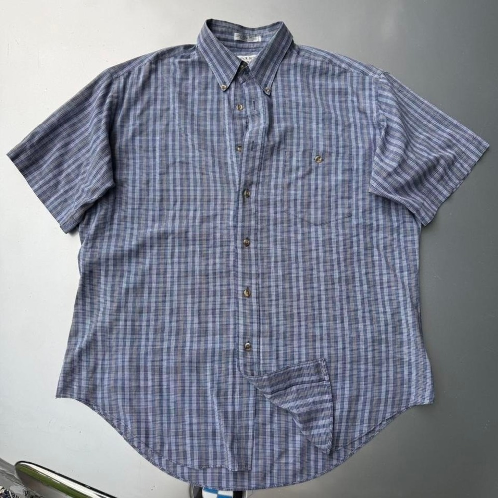 True Vintage 1980s Botany Single needle Blue and white plaid short sleeve button